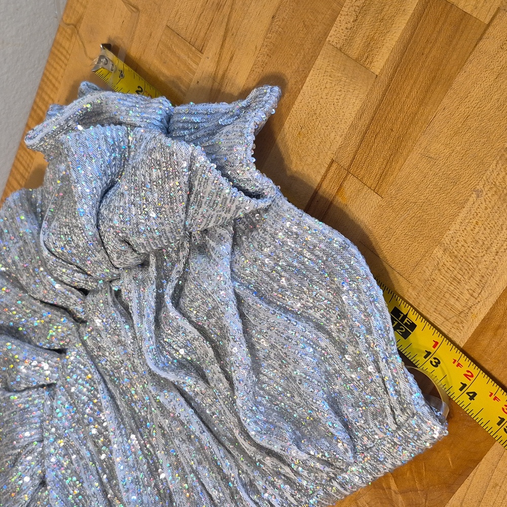 House Of CB London Sparkly Sequined Mini Dress Large Front Vertical Ruffles - Picture 11 of 12